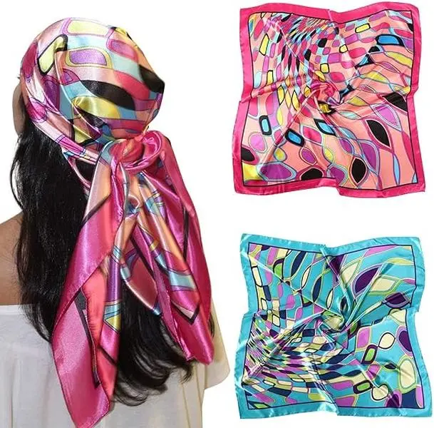 Women's 2-Pack 35in Large Satin Square Scarves - Polyester Silk-Like Floral Hair Scarves, Matching Head Scarf, Neck Scarf, Secure Hold Bandana Head Wrap for Home Improvement, Parties