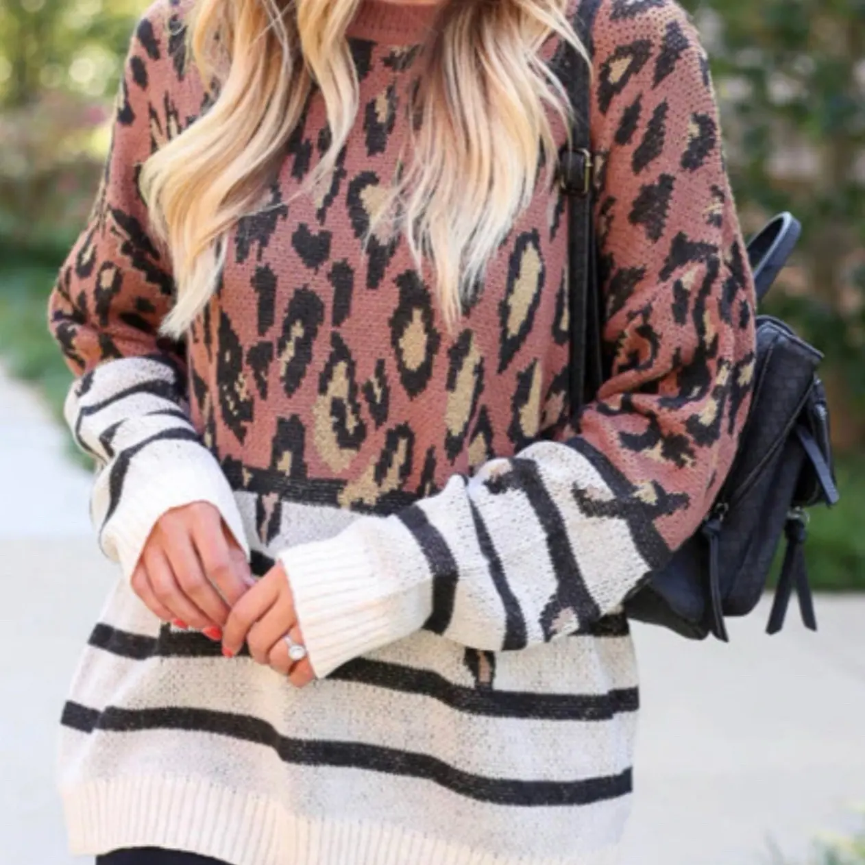Soft Knit Leopard and Striped Pullover Sweater - Comfortable Loose Fit