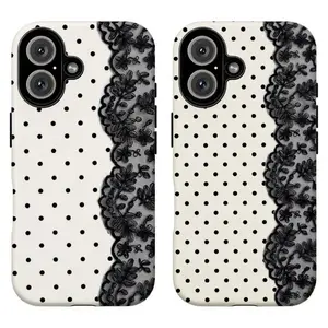 Cream White Black Polka Dot Lace Phone Case|Vintage Floral Lace Protective Cover For iPhone 11 12 13 14 15 16 17 Pro Max For Samsung S26 S25 S24 S23 S22-Gift Ideas