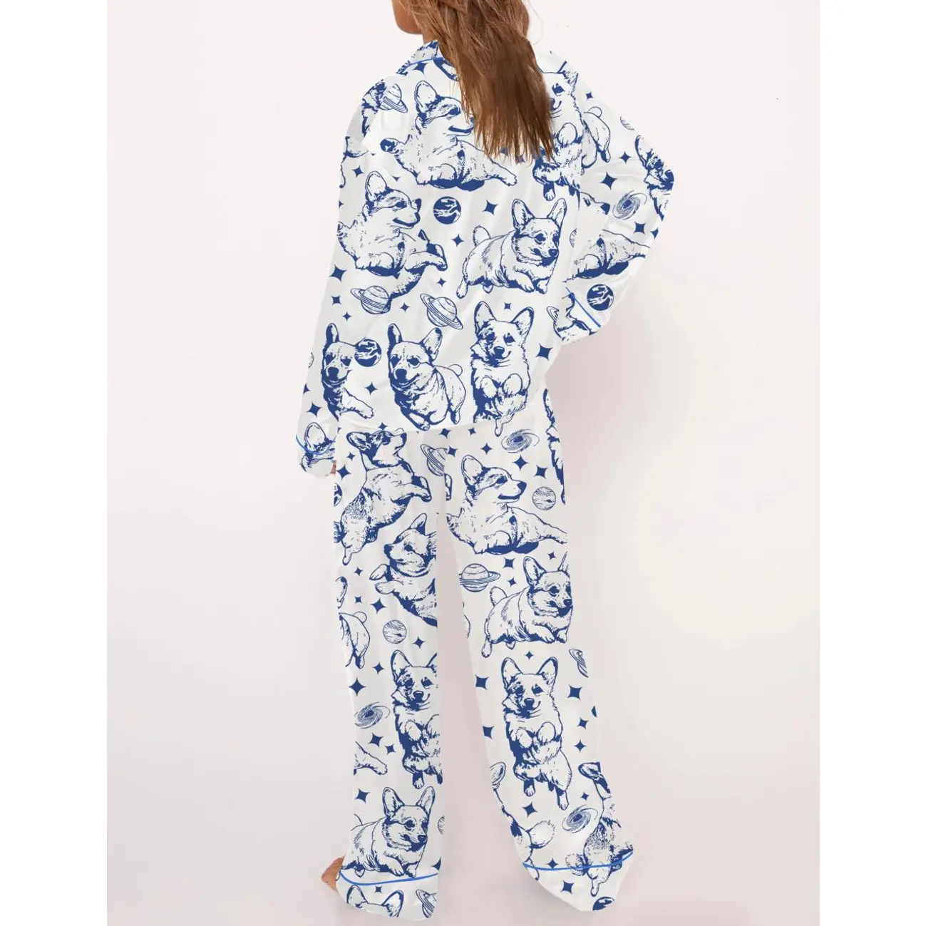 Corgi in Space Cotton Pajama Set for Women - Whimsical and Cozy Sleepwear for Dog and Space Lovers, Perfect for Stargazing Nights, Pet Playdates, or Relaxed Weekend Mornings