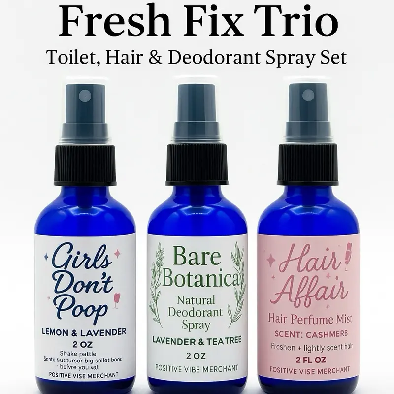 Fresh Fix Trio - Toilet Hair & Deodorant Spray Set 3pc All-Natural Travel Size 2oz Each