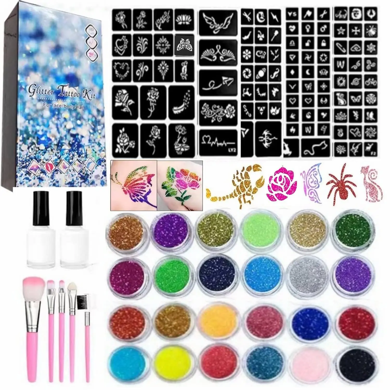 Temporary Tattoos Kit for Kids, 24 Body Glitter, 2 Glue, 5 Brushes, 187 Stencils, Kids or Adults Halloween Makeup Kit, Gift for Girls Birthday Party Festival