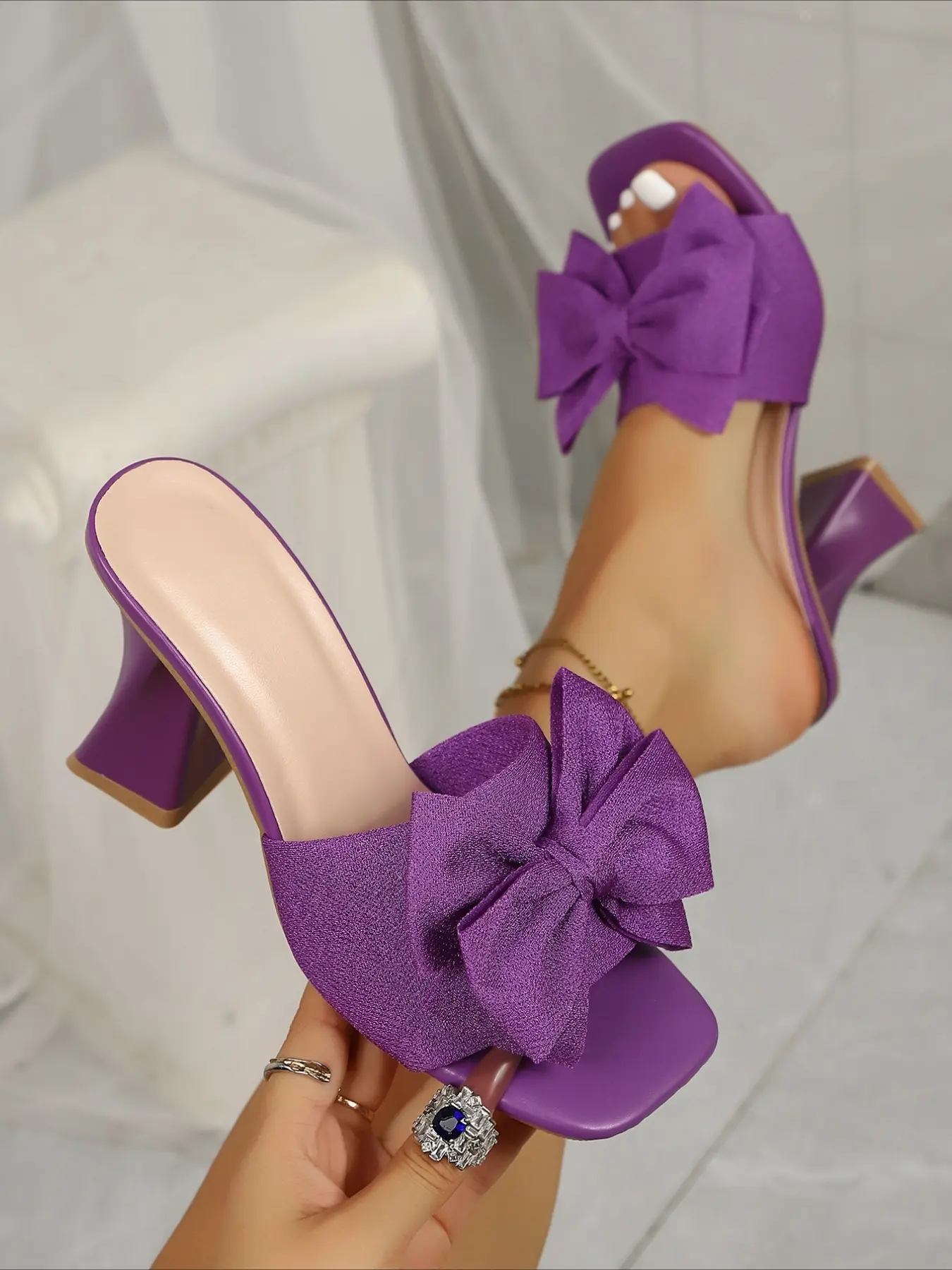 Purple square-toe bow heeled slides with chunky heels, stylish & versatile, elegant fashionable sandals, perfect for summer dates and commutes, showing sweet elegance, Bow Slip Sandals