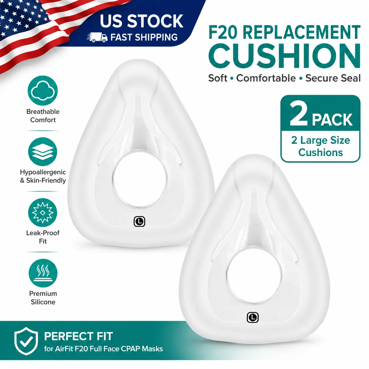 Replacement Cushion for AirFit F20 (2 Pack) -Full Face CPAP Mask Cushion-Compatible with Original F20 Frame, Nose and Mouth Coverage, Reliable Seal & Snug Fit (L)