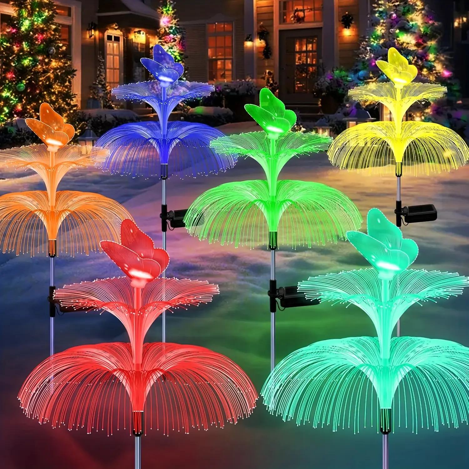 6pcs Solar Powered LED Lawn Lights Colorful Butterfly Gradient Lights, Jellyfish Lamp Fiber Optic Lamp Energy-saving Outdoor Decoration Villa Atmosphere Ground Mounted Lights
