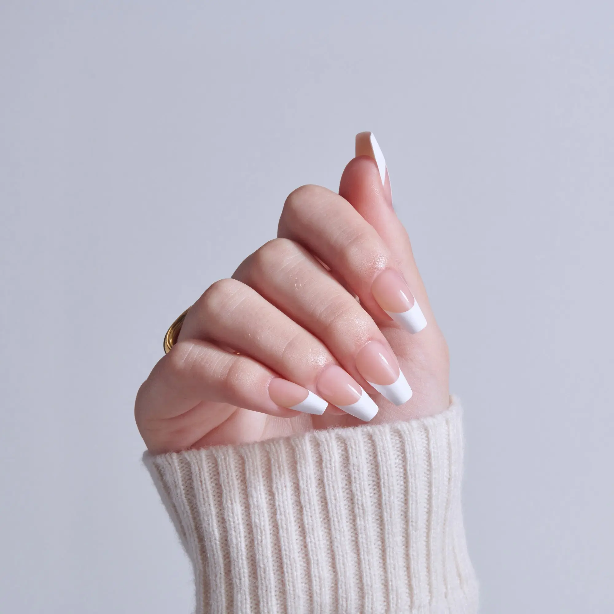 Kiss Core French Press On Fake Glue Nails - Reunion | French Tips, White, Medium, Coffin