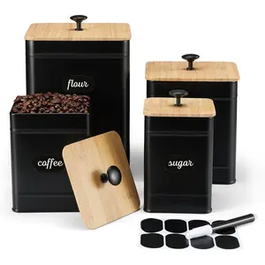 Kitchen Canisters, Airtight Canister Sets for Kitchen Counter, Kitchen Canisters for Countertop Set of 4, Coffee Tea Sugar Flour Spice Tin Jars Food Storage Container with
