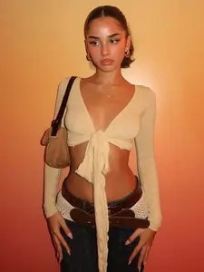 Women's Sexy Deep V Neck Bodycon Crop Top, Plain Ultra Short Tie Design Long Sleeve Open Front Minimalist Cardigan, Womenswear