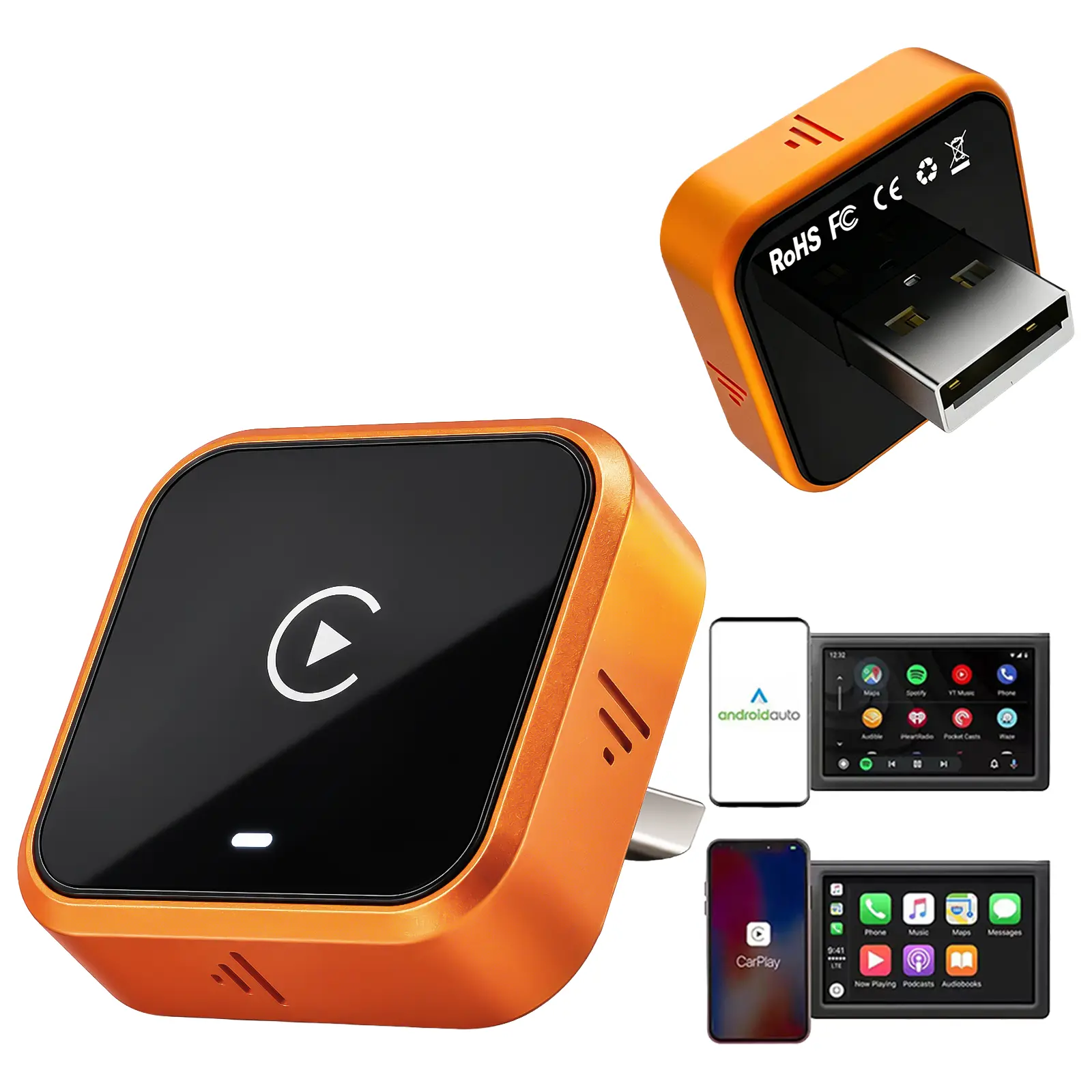 2026 New Wireless CarPlay Adapter, Wired to Wireless Converter for Apple CarPlay & Android Auto, Plug & Play, Stylish Orange Finish, Car Gadgets, Car Connectivity Adapter