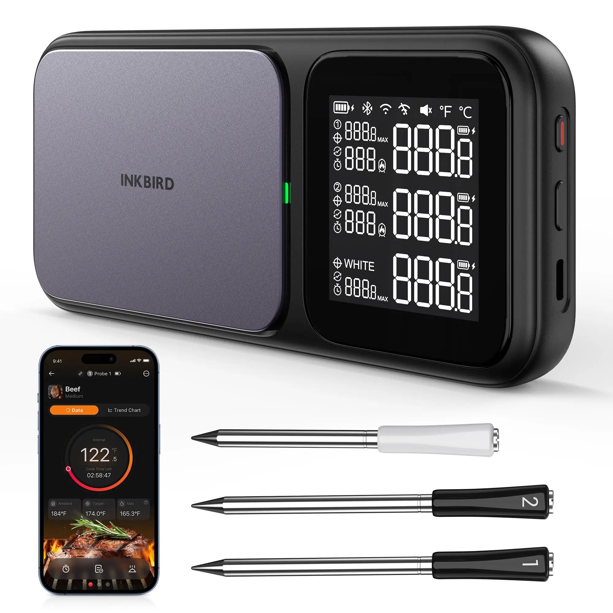 INKBIRD 3-Probe Wireless Meat Thermometer, with WiFi and Bluetooth support, features a 5-in-1 sensor for precise measurements, and comes with a clear LCD screen. Ideal for grilling, roasting, and smoking