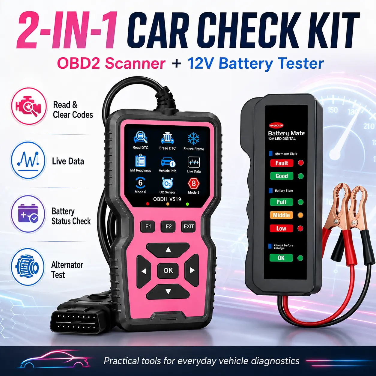2-in-1 automotive diagnostic tool bundle: OBD2 scanner code reader with a 4/5-pin relay tester, read and clear engine fault codes, live data, I/M readiness check, and battery voltage check for 12V vehicles