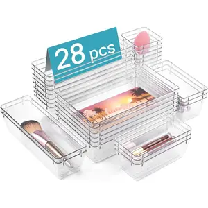 28 PCS Clear Plastic Drawer Organizers Set, 4-Size Bathroom and Vanity Drawer Organizer Trays, Acrylic Storage Bins for Toiletries, Makeup, Cosmetic, Kitchen Utensils, Tool, Gadgets