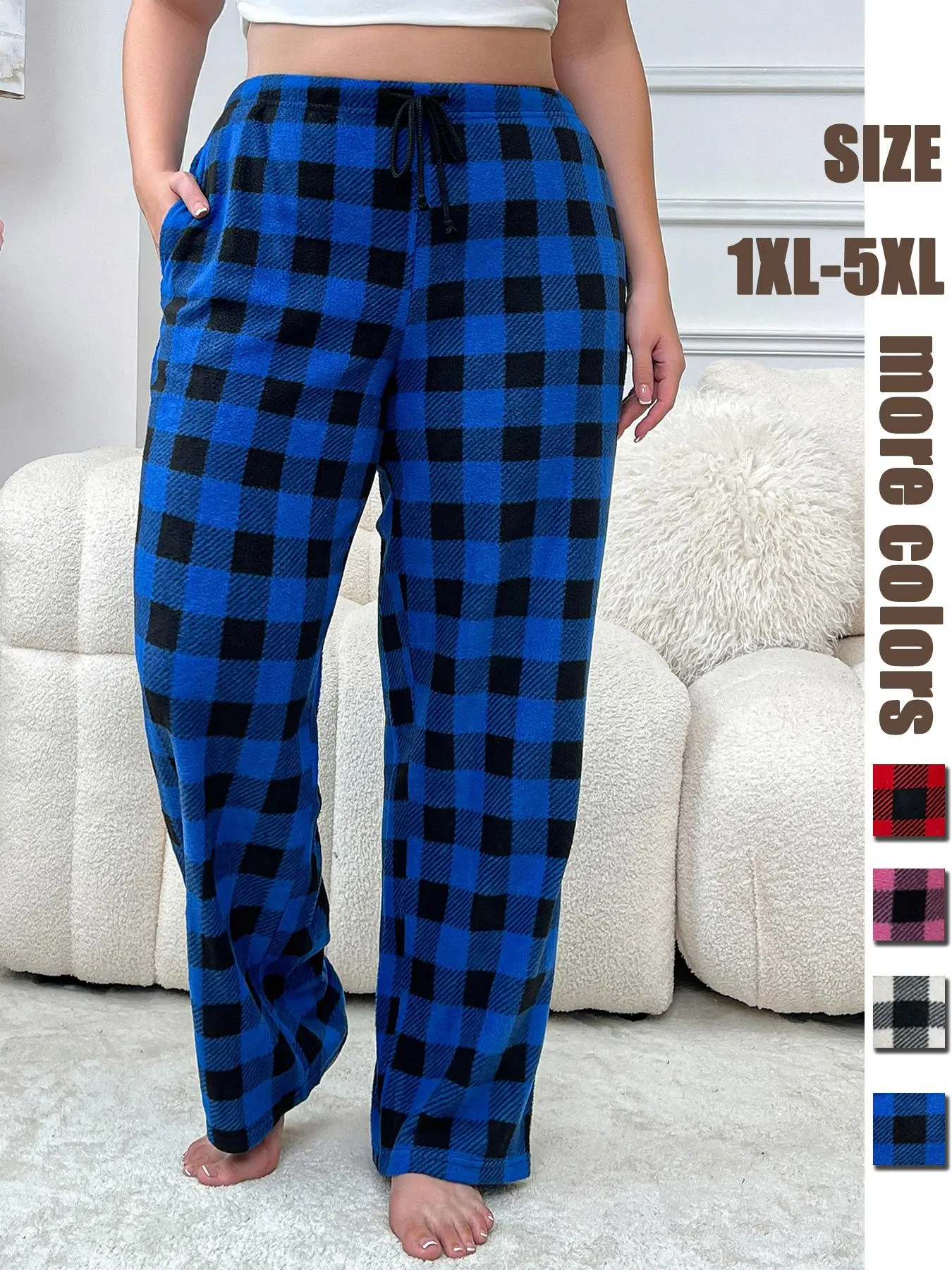 【Plus Size】 Christmas Plaid Print Drawstring Pocket Lounge Pants, Casual Comfy Trousers for Daily Wear, Women's Sleepwear for Fall & Winter, Loungewear