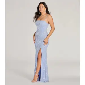 Jillian Sequin Slit Long Formal Dress