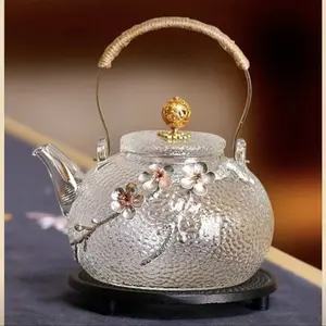 900ML plum blossom tin teapot glass teapot hammered pattern tea kettle electric ceramic stove water kettle copper handle teapot glass tea set Flower tea Glass Tea Set with Infuser borosilicate glassteapot