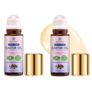 Bealions Organic Castor Oil with Rose Quartz Roller, 100% Pure Cold-Pressed, Organic Castor Oil Roll On Rose Quartz, Hexane-Free,Amber Glass Bottle for Skin ，Birthday Valentine Gifts for Women 35-65（1.7oz）