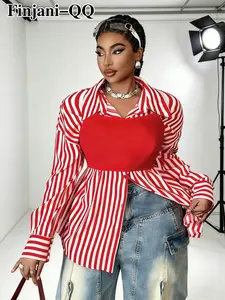 Women's Plus Size Long Sleeve Shirt & Tight Strap Tube Top Set, Casual Striped Fitted Two-Piece Outfit, Spring & Fall Wear