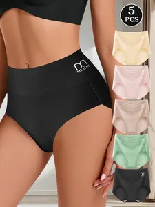 5 Pieces Ladies' Solid Color High-waist Panties, Cotton Breathable Comfort Briefs Set, Lightweight Perfect Fit for Womenswear Underwear Feature Elastic, Soft Hip Wrap With A High-rise Thigh Design Briefs Multi-color