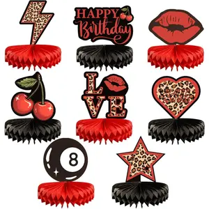 8Pcs Red Cheetah Print Birthday Party Decorations Centerpieces, Y2K Cherry Leopard Print Table Decorations Honeycomb Centerpieces for Grils Big Mama Women