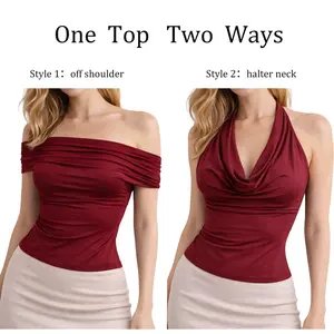 Fabulady Tank Top 3-Way Convertible - Off Shoulder, One Shoulder & Halter Neck, Slim Fit Crop Tops, Backless, Y2K Sexy Basic Clothes for Daily Outdoor Wear, Solid Color Basic Comfort Tops for Womenswear