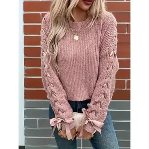 Women's Soft Pink Oversized Bow Sweater - Comfortable and Loose Long Sleeve Round Neck Winter Sweater, Medium Elasticity, Essential Layered for Casual and Semi Formal Clothing, Women's Warm Winter Sweater, Autumn/Winter Layered Soft Pink Sweater