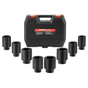 VEVOR Axle Nut Impact Socket Set, 1/2" Drive Deep 12-Point 8-Piece Metric Spindle Nut Socket Set, CR-MO Heat Treated Large Socket Set with Storage Case, Auto Repair, Removing or Installing Axle Nuts