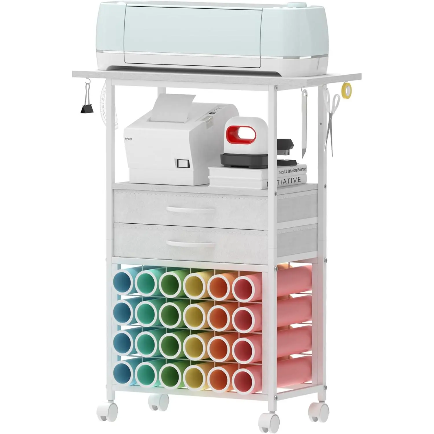 Heavy Duty White Metal Cricut Machine Organizer - Adjustable Movable Shelf Rolling Cart, 24 Vinyl Roll Holders, 2 Fabric Drawers, Hanging Tool Hooks, Accessories Holder, Easy Install for Craft Room Home