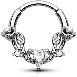 Rose Septum Ring 16G Hinged Segment Rings 316L Stainless Steel Daith Earrings Heart CZ Septum Daith Helix Cartilage
