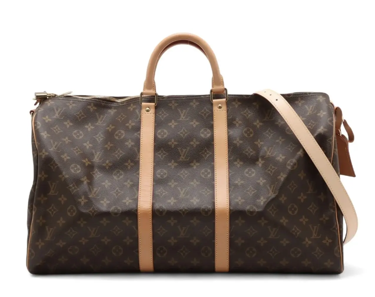 Pre-owned Louis Vuitton Coated Canvas Travel Bags Keepall 55 Bandoliere Monogram Canvas Duffel Bag with Gold Hardware and Brown Leather Straps