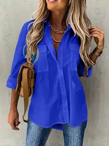 Women's casual fashion solid color double-pocket shirt Blouse Womenswear Top, suitable for spring and summer, suitable for home, indoor, and outdoor wear, Casual Everyday Top