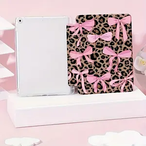 A leopard print pink bow phone case, with a pen slot, suitable for iPad Mini, Air, Pro 4,5,6,7 (2017,2018,2019,2020,2021,2022,2023,2024,2025 models), and Samsung S6,7,8,9,10FE + A7 LTE,SZBCPBT66