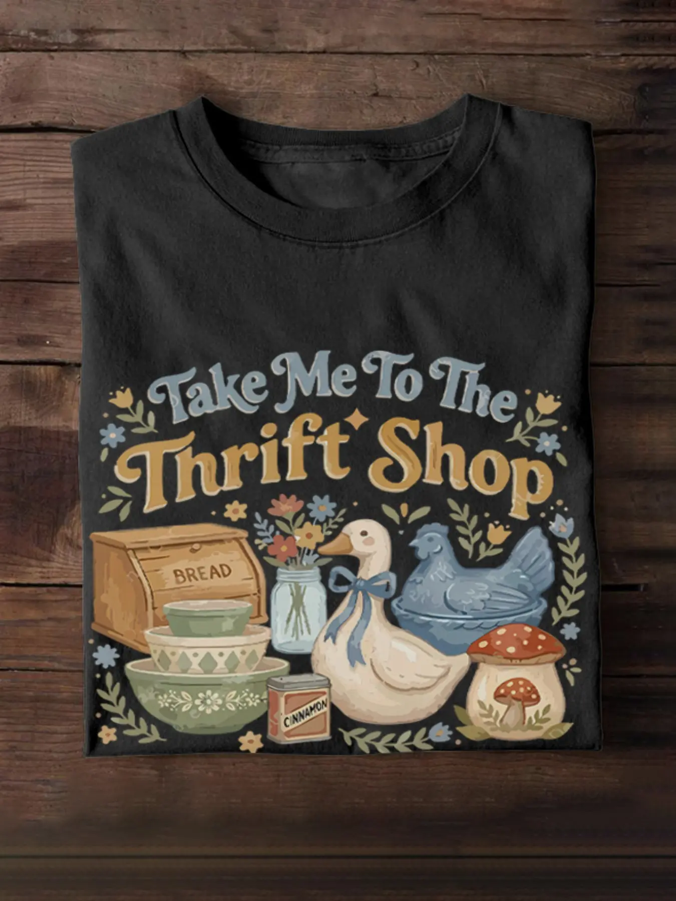 Vintage Thrifting Shirts, Take Me To The Thrift Shop Short Casual Graphic Print Round Neck T-Shirt, Minimal Aesthetic Soft Tshirt, Cute Thrift Cup Tee, Floral Girly Retro Top, Boutique Style Outfit, Summer