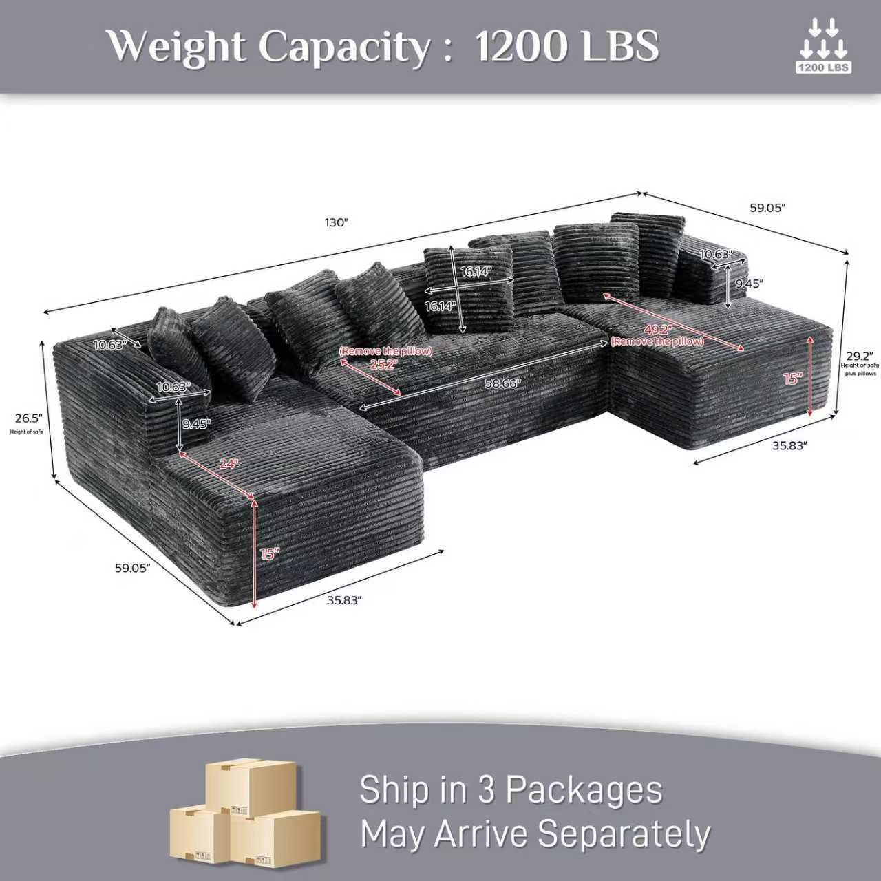 #TikTokShopDealsforYouDays【3 Packages Shipping】Modular Sectional Sofa Cloud Couch 131" Black Boneless Sectional Couches for Living Room Comfy Deep Seat Plush Corduroy Sofa Modern Fluffy Memory Foam U Shape Couch with Chaise Lounge Modular Sectional Couch