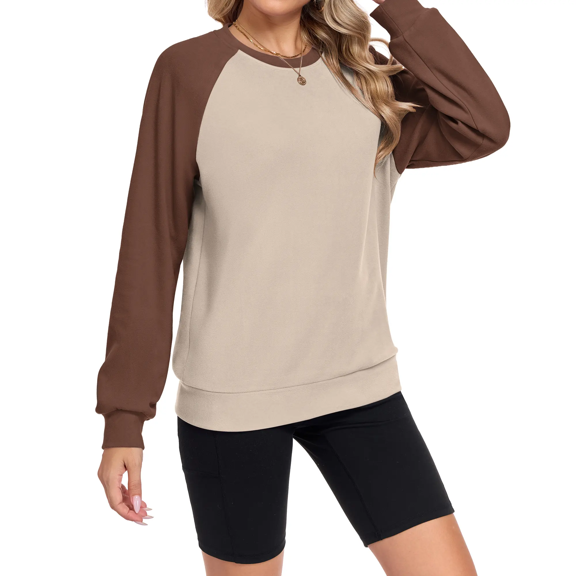 MOLERANI Women's Crew Neck Color Block Sweatshirts Tops Long Sleeve Fitted Soft Fleece Pullover, Mom Style Lightweight Casual Tops 2026 Fall Winter Womenswear Sohochic,Round Neck