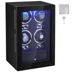 VEVOR Watch Winder, Watch Winder for 4 Men's and Women's Automatic Watches, with 4 Super Quiet Japanese Mabuchi Motors, Blue LED Light and Adapter, High-Density Board Shell and Black PU