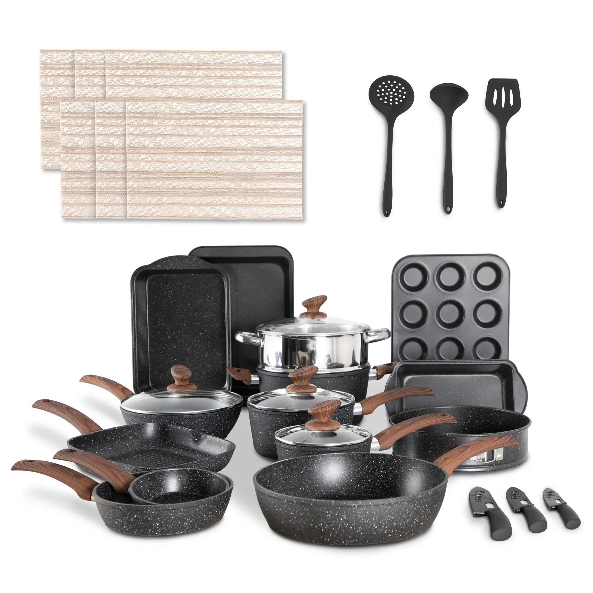 Kitchen Academy Cookware & Bakeware Set - 30 Piece Black Granite Cooking Pans Set, Non-Stick Pots and Pans Set，17 Piece green Cooking Pans Set