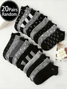 20 Pairs of Shallow Socks, Trendy Stripes & Heart-Shaped Polka Dot Pattern, Casual Sports Socks in and, All Seasons