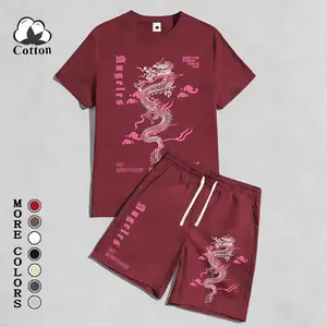 2-Piece Men's Red Dragon "Dungeons" Graphic Outfit, Cotton Short-Sleeve T-Shirt & Athletic Shorts Set, Lightweight Breathable Casual Activewear, Ideal for Summer Beach, Gym & Streetwear, Gift for Boyfriend