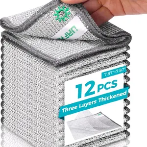 12 PCS Non Scratch Wire Dishcloth Multi-surface Safe for Dishes and Pans Three Layers Thickened 7.87" x 7.87"