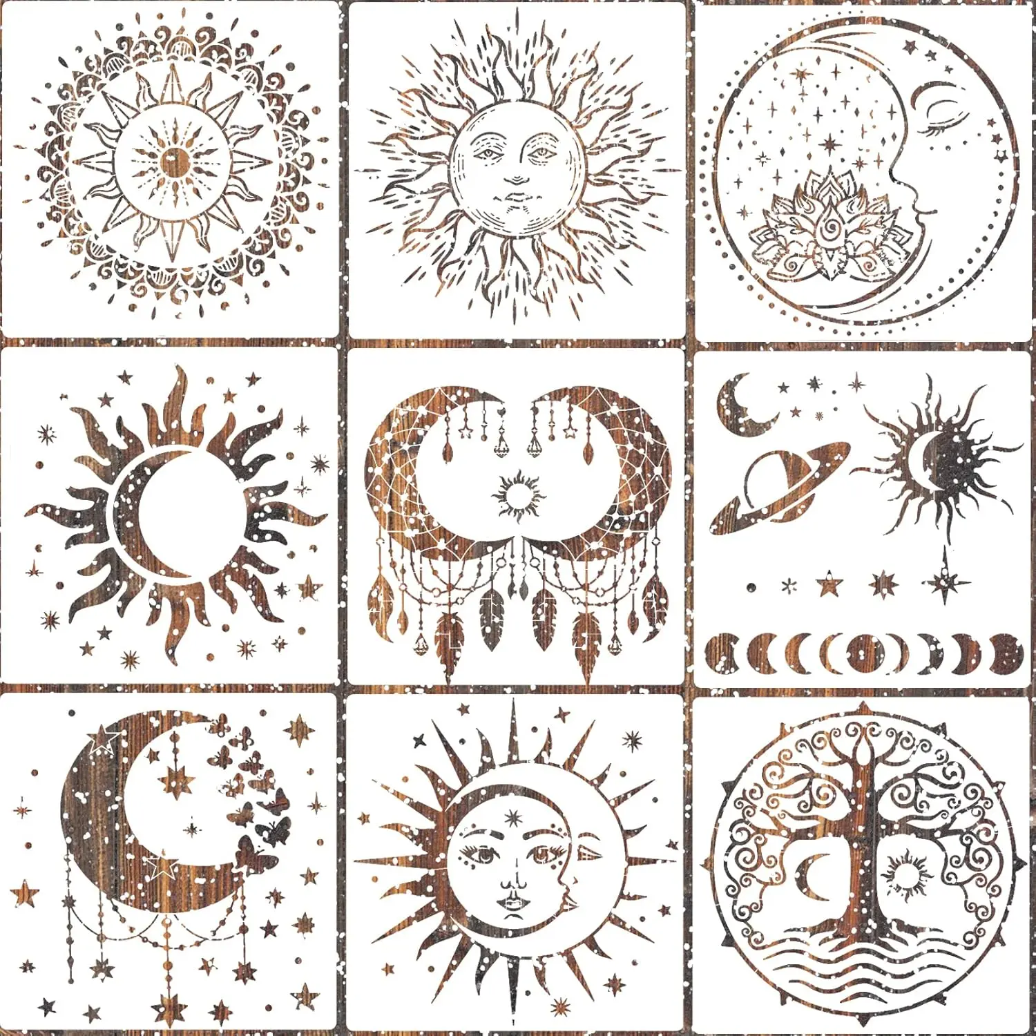 9 count Large Mandala Sun and Moon Stencil Butterfly Flower Tree  Stencils for Crafts  Templates Star Stencils for Painting  Wall Furniture Home Decor (Sun Moon)