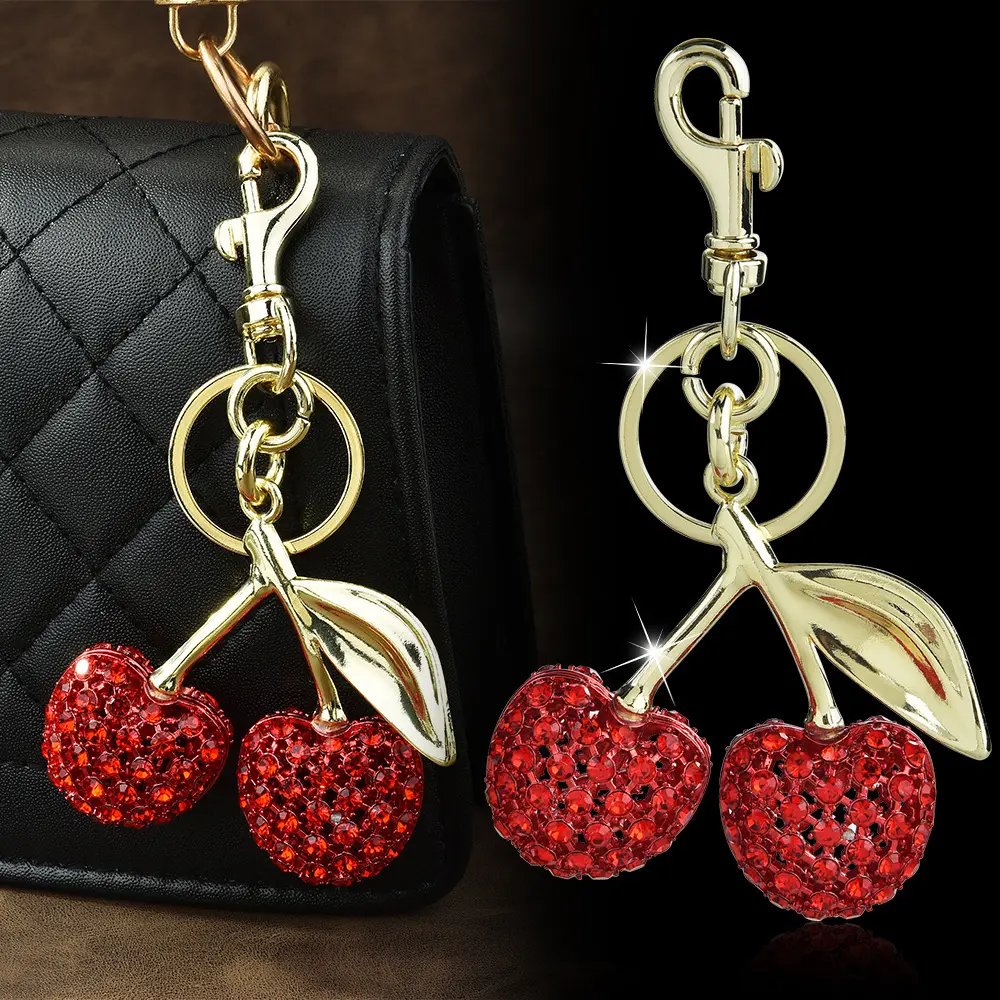 Cute Cherries Purse Charm, Sparkling Rhinestone & Crystal-encrusted Keychain for Women's Bags & Backpacks, Playful Gifting Accessory, Kawaii Accessories, 3D Fruit Shaped Keychains, Fun Gift For Girls, Bag Charm Styling, Adults, Fruit Lovers, Daily Use, Lo
