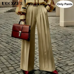 UOOZEE Women's High-Waisted Retro Wide-Leg Pleated Polyester Bottoms - Soft, Drapey, Minimalist, Fitted, Pocketed, Casual Office Trousers (No Belt) Versatile for Office, Brunch Pairing