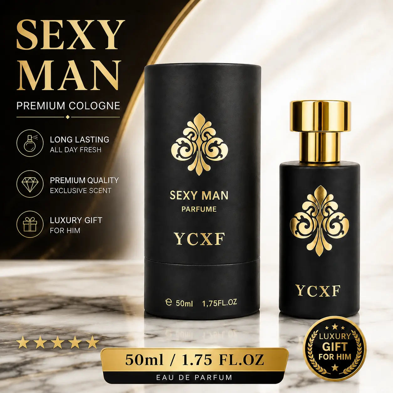 YCXF Sexy Man Eau de Parfum for Men, 1.75 FL.OZ (50 ml) – long-lasting 24-hour woody spicy cologne spray, premium matte black perfume bottle with 3D logo, masculine scent for everyday wear and special occasions