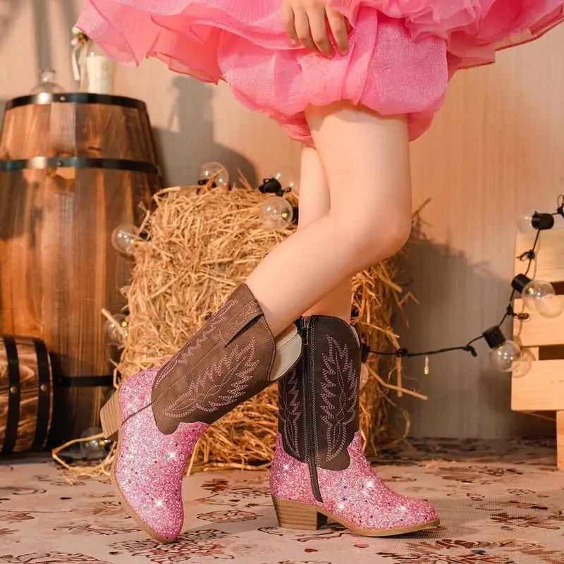 Cowgirl Boots for Little Girls Mid Calf Pointed Toe Kid Cowboy Boots Side Zipper Classic Embroidered Western Boots Horse Riding Shoes Party for Toddle