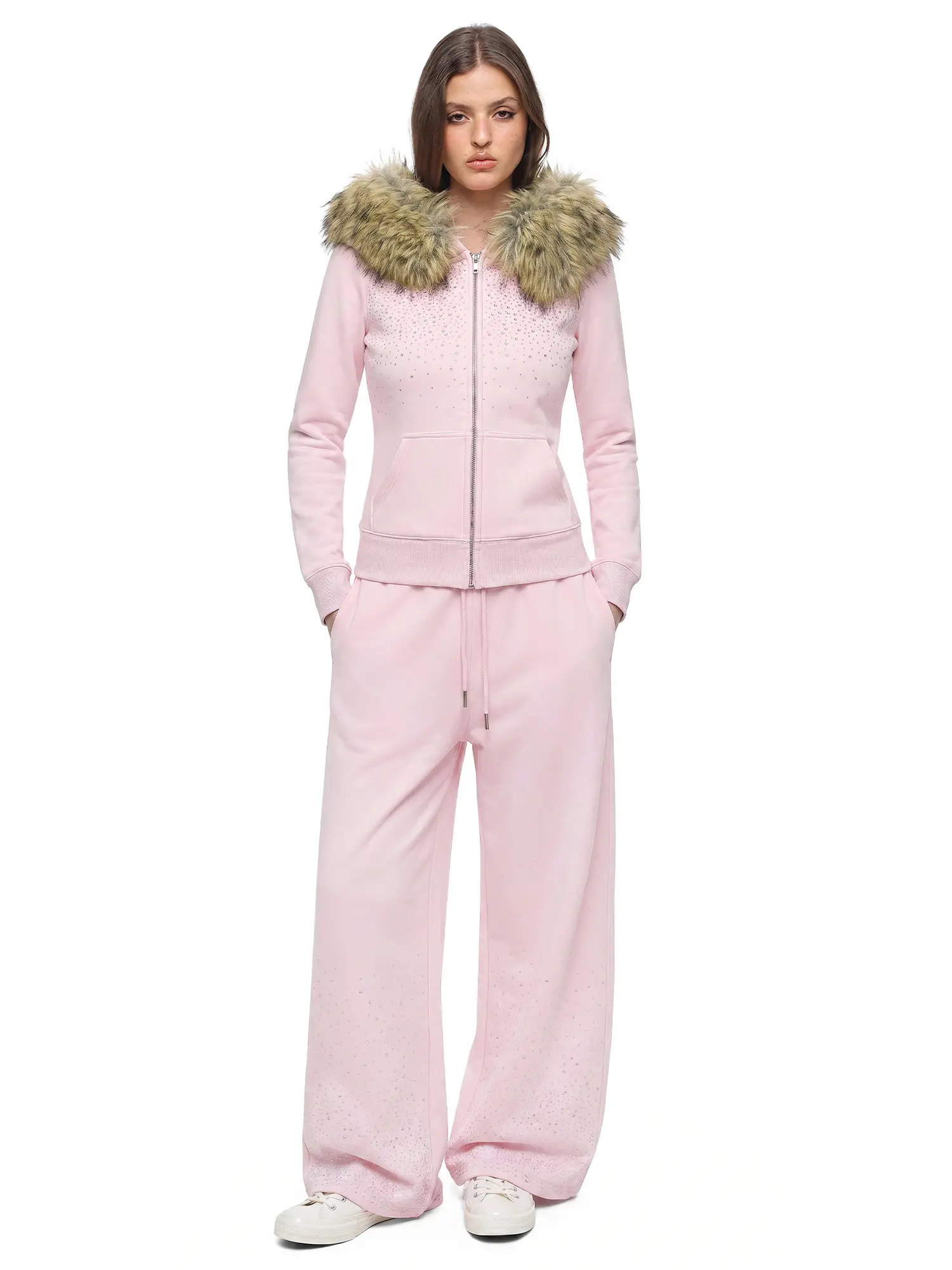 FDR Rhinestone Hoodie and Wide Leg Pants Set Slim Fit Women Fall Fashion
