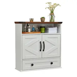 Bathroom Wall Cabinet, Wall Mounted Cabinet with Double Barn Doors, Adjustable Shelf & Drawer, 24" x 8.6" x 25", Over Toilet Farmhouse Storage Cabinet for Kitchen, Laundry Room