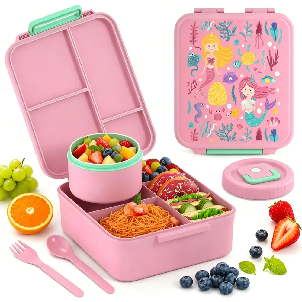 Bento Lunch Boxes Divided Storage Tray with Sauce Cup & Spoon Set, Snap Lock Air Tight Lid Mess-Free School Bus Commutes