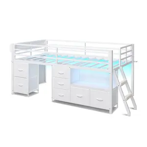 Low Loft Bed Twin Size with 7 Storage Drawers, Bookcase and LED Lights White