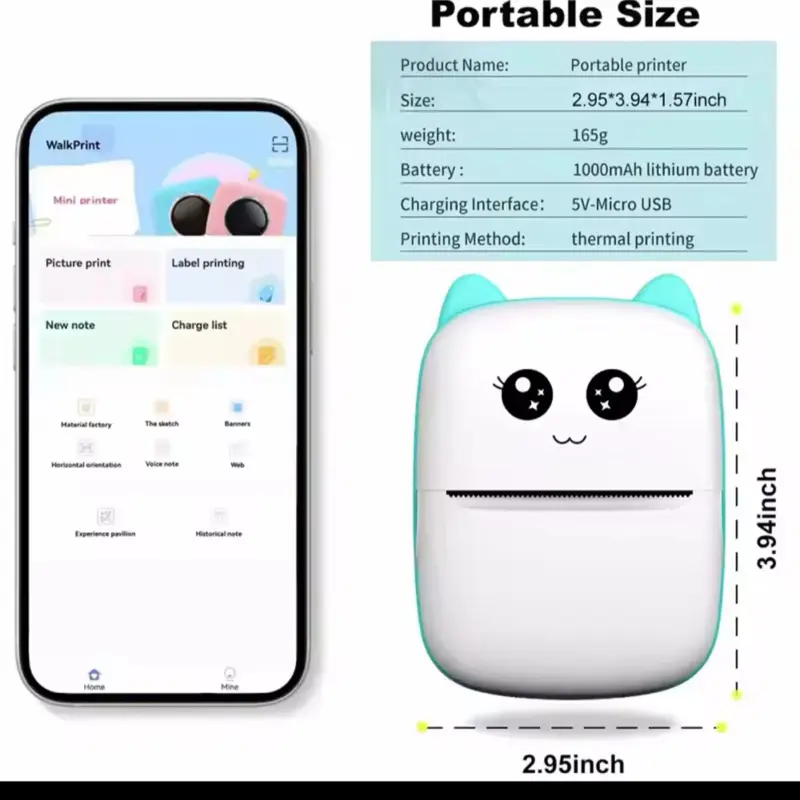D2-B2 Mini Printer Sticker Thermal Inkless Printer iOS Android Bluetooth Portable Printers Photo Printing Maker with 1000mAh Battery & USB Type C Charging Port