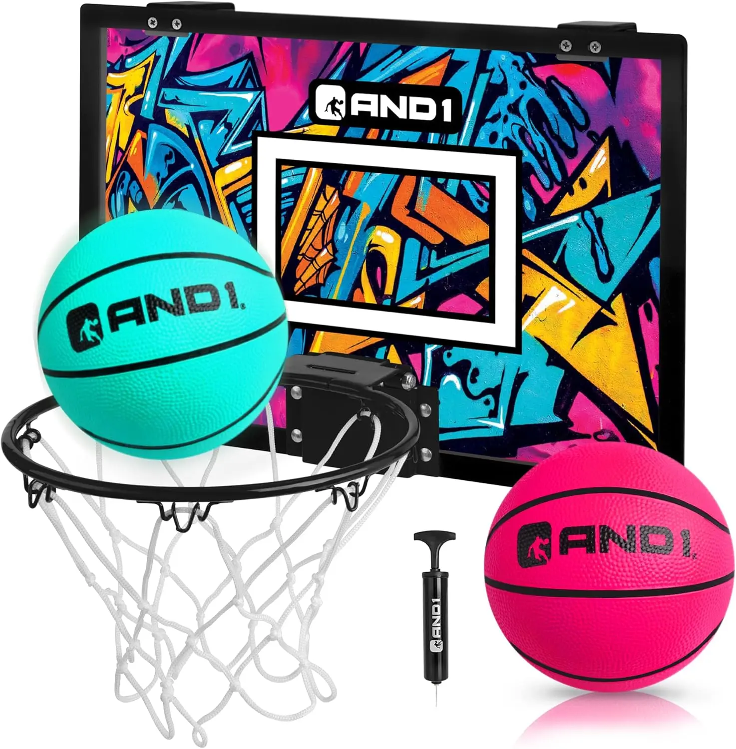 AND1 Over the Door Mini Basketball Hoop Set, 18x12 Shatterproof Backboard with Spring-Loaded Steel Rim, Indoor Game for Kids & Adults, Includes 2 Balls & Pump, Ball Sports Equipment, Preassembled